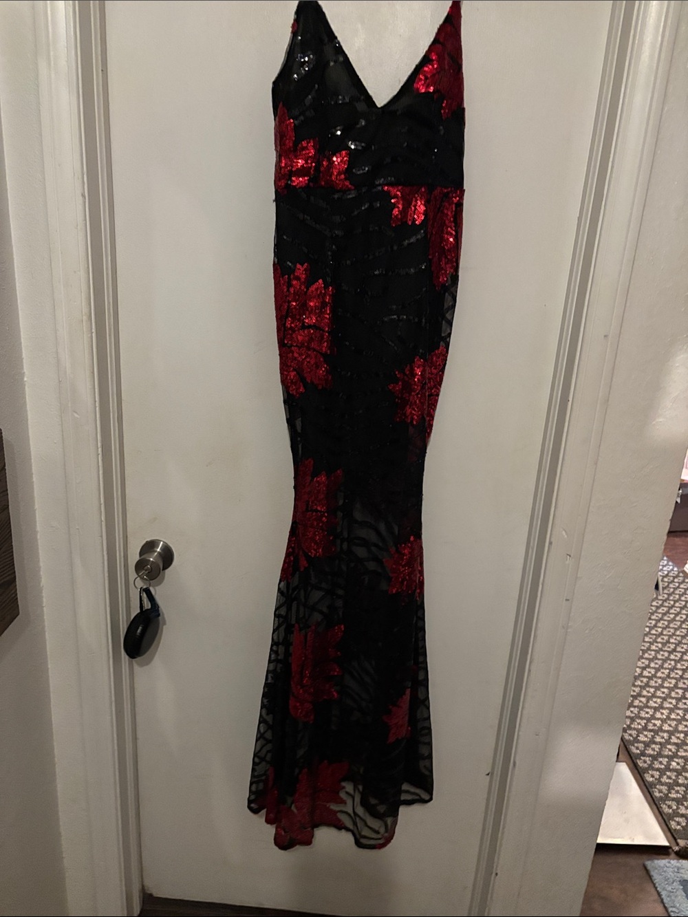 Black Maxi Dress with Red Sequin Floral Accents-P2P17, waist:16 , maxi w/spa str